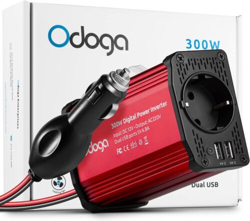 Odoga inversor 12v a 220v 300W para Coche, Convertidor con Puertos Doble USB - Adaptador Mechero Coche a Enchufe - Cargue Sus Dispositivos Electrónicos en Autocaravanas, Camper Furgoneta & Coche