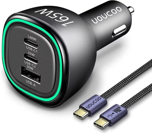 UOUCOO,Cargador de coche USB C de 165 W, carga rápida, cargador de coche tipo C PD3.1, 140 W, PD3.0, 100 W, adaptador de carga rápida para iPhone 14 Pro, iPad MacBook Pro, portátil Steam Deck