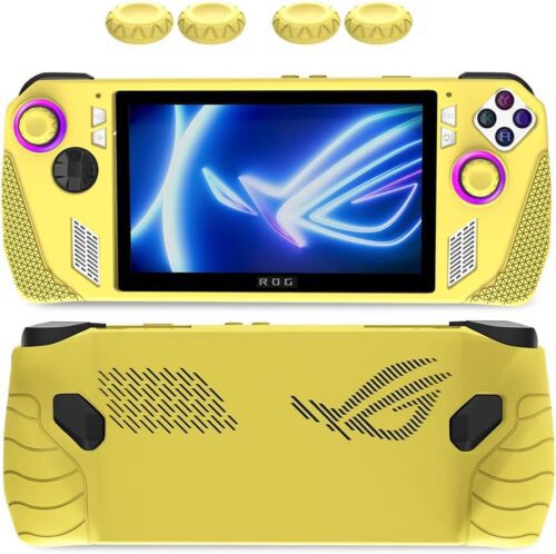 QINOUK Funda para ASUS ROG Ally, Anti-arañazos Protectora Funda de TPU Suave Case con Mango de 4 Pulgares, Compatible con ASUS ROG Ally-Amarillo